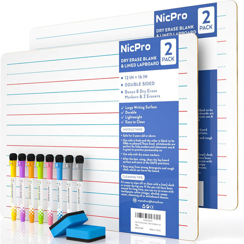 Nicpro Dry Erase Lap Board, 12 x 16 inches, 2 Pack with Ruled Kid Double Sided Blank & Lined Mini Whiteboard