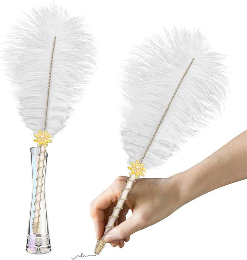 CROWN GUIDE Crystal Ostrich Feather Pen Quills for Wedding Guest Book Signing, 1920s Gatsby Reception Décor, White