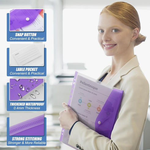 Binder Pocket Organizer Folders, 12 Pack Expandable Plastic Envelopes with 11 Holes for 2/3/4 Ring Binder