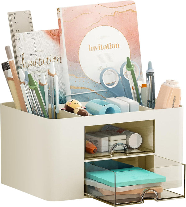 Marbrasse Pen Organizer with 2 Drawers, Multi-Functional Holder for Desk, 5 Compartments + Drawer for Office