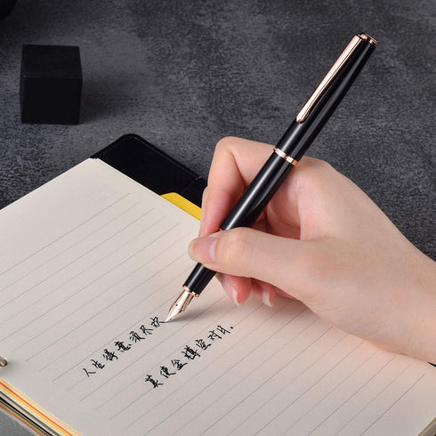 HongDian 920 Black Metal Fountain Pen with Rose Gold Plated Fine Nib, Classic Writing Pen with Ink Converter