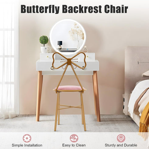 LIWBYYG Deep Pink Vanity Chair, Butterfly-Shaped Dressing Stool Makeup Chair Vanity Chairs Makeup Chairs with Bow