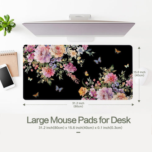 Vimorco Desk Mat Mouse Pad Butterfly Flower, Pink Floral XXL Extended Large Gaming Desk Pad Mousepad, Black Computer Laptop Keyboard Mouse Mat for Women Girls Work, Game, Office, Home 31.2x15.6 in by Vimorco