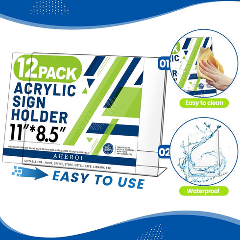 Aheroi 12Pcs 8.5 11, 8.5 11, Acrylic Sign Holder x Horizontal Clear Sign Holders x L-Shape Acrylic Paper Holder
