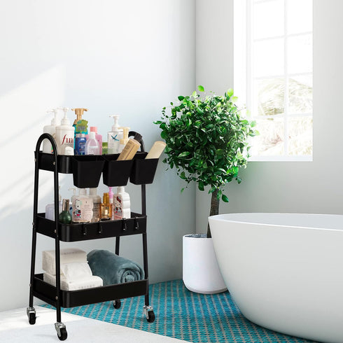 danpinera 3-Tier Rolling Cart, Metal Storage Cart with Lockable Wheels, Hanging Cups & Hooks, Black