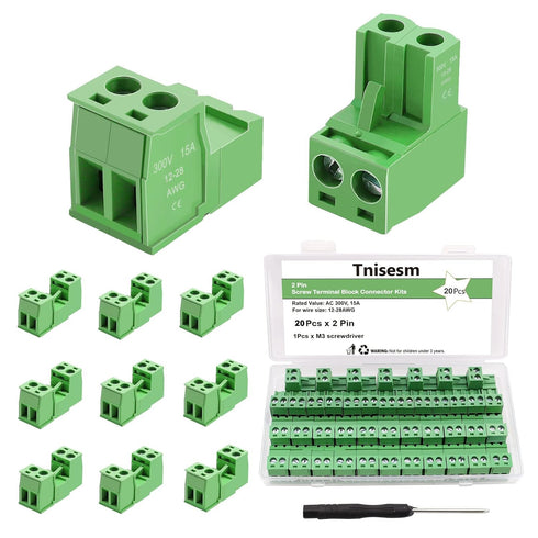 Tnisesm 16Pcs 2 Pin Screw Terminal Block Connector, 5.08mm Pitch Pluggable for 28-12AWG Cable, 300V 15A