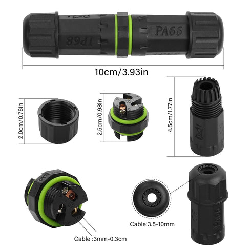 Waterproof Electrical Cable Connector, 3 Pin IP68 Outdoor Coupler for 3.5-10mm Wire Diameter, 2 Pcs