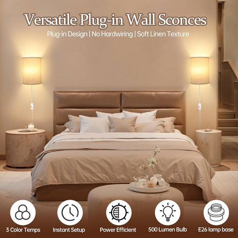 Set 2 Dimmable 3 Shenmoyl Plug in Wall Sconces of - Light Modes, Soft Fabric Linen Shade, Easy Install Wall Lamp