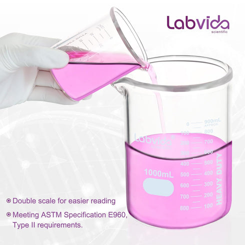Heavy Duty Glass Beakers Set of 2 pcs, 1000ml Thick-Walled, 3.3 Boro Griffin Low Form for Laboratories and Schools