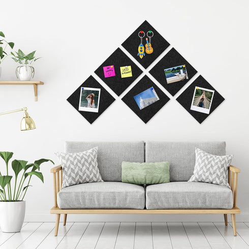 Felt Corkboards for Wall, 6 Pack 12 x 12-1/3" Black Self-Adhesive Cork Board Tiles with 100 Push Pins