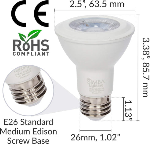 Simba Lighting LED PAR20 Light Bulb 6W 38deg Spotlight Dimmable (6-Pack) for Indoor Recessed Can, Range Hood and Outdoor PAR 20, 120V E26 Base, 40W to 50W Halogen Replacement, 3000K Soft White by Simba Lighting