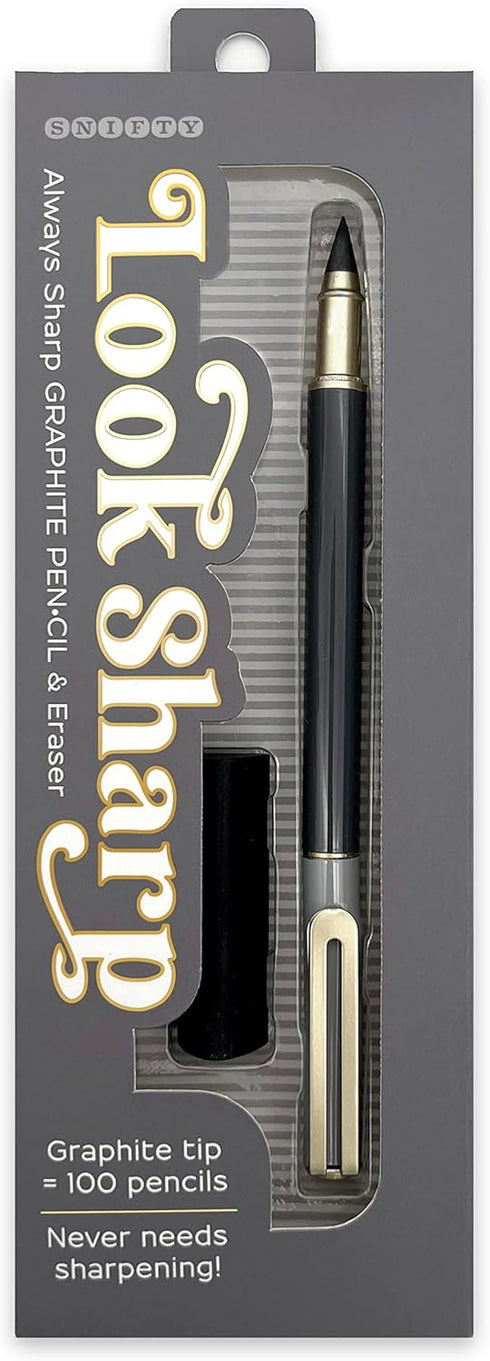 Look Sharp Always Sharp Pen•cil - Compressed Graphite Tip Equals 100 Pencils - Gray Metal Barrel + Cap + Eraser