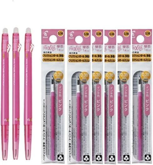 Pilot FriXion Ball Slim 038 Retractable Erasable Gel Ink Pen - Extra Fine Point 0.38mm, Pink Ink, 3 Pens & 6 Refills