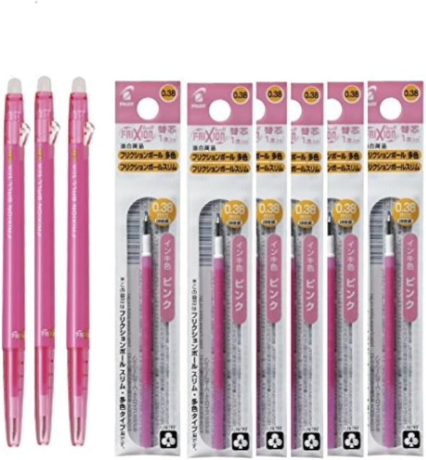 Pilot FriXion Ball Slim 038 Retractable Erasable Gel Ink Pen - Extra Fine Point 0.38mm, Pink Ink, 3 Pens & 6 Refills
