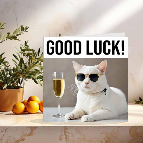 Purple Fox Good Luck Card - White Cat - New Job Co Worker Colleague Leaving Card