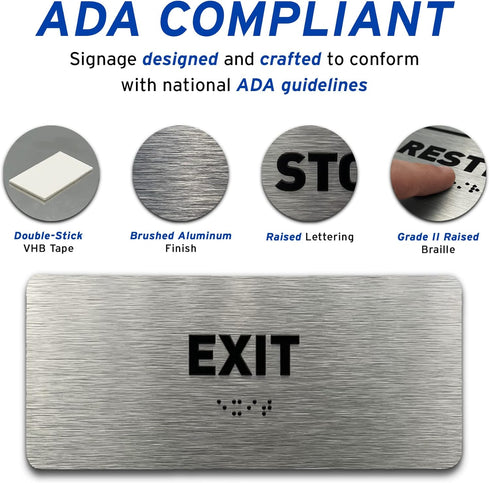 Exit Identification Sign - ADA Compliant, Raised Icons, Braille, Brushed Aluminum, 7"W x 3"H, Made in USA