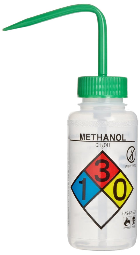 SP Bel-Art Right-to-Know Safety-Vented/Labeled 4-Color Methanol Wide-Mouth Wash Bottles; 250ml (8oz), Polyethylene