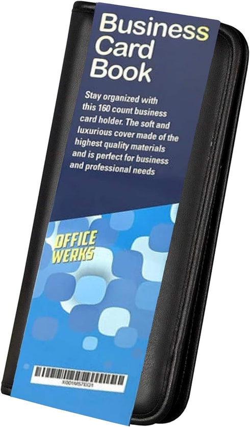 Office Werks Professional Business Card Book Holder Organizer, Black PU Leather Cover, Holds 160 Cards, Gift Card