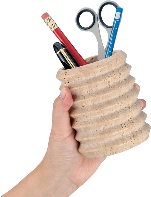 WORHE Pen Holder Travertine Stone, Makeup Brush Cup for Girls, School Supplies Organizer for Office, Home Decor Beige