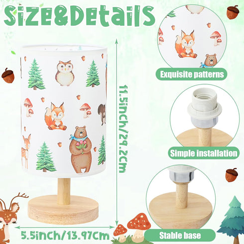 Woodland Animals Table Lamp - Woodland Kids Bedside Lamp with Linen Wooden Nightstand Cartoon Nursery Lampshade
