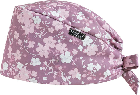 Pink Series Florals Double-Sided Printed Scrub Caps for Women with Buttons, Adjustable