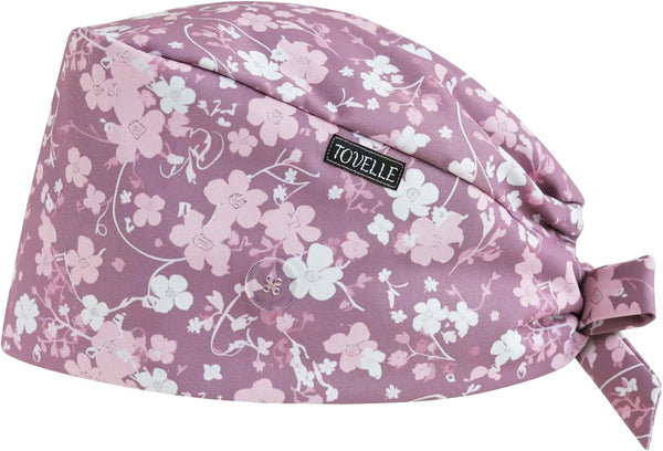 Pink Series Florals Double-Sided Printed Scrub Caps for Women with Buttons, Adjustable