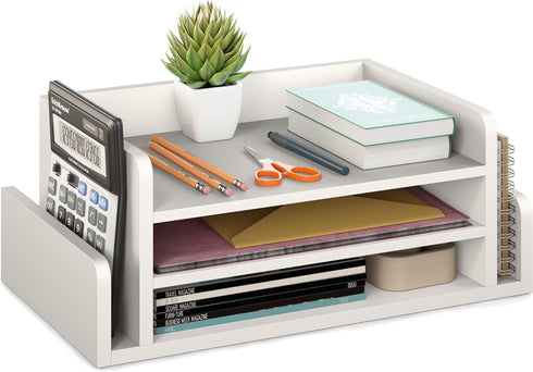 Ballucci 3-Tier Desk Organizer with 2 Side Mail Sorter Slots, Open Top Paper Organizer, Wood Letter Tray for Desktop
