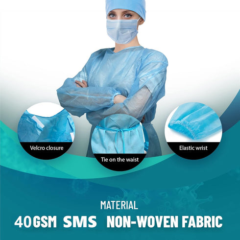 10 Pack Disposable Isolation Gowns - Blue Level 2 SMS 40gsm Non-Woven Material for Medical Use, Universal Size