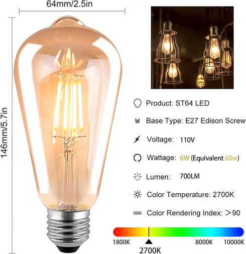 HESSION ST64 LED Edison Bulbs, 4W Equivalent 40W, Soft Light Amber Glass 2700K, LED Filament Bulbs with 90+ CRI E26 Medium Base, Dimmable Light Bulb for Home Lamp, Wall Sconce, Chandelier, 6 Pack by HESSION