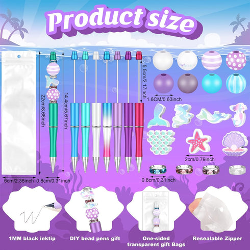 Colarr 24 Sets Plastic Beadable Pens DIY Pens Making Kit Assorted Bead Pens Wood Beads Crystal Spacer Beads Black Ink Ballpoint Pen for Women Students Crafts Office School Gifts (Mermaid)
