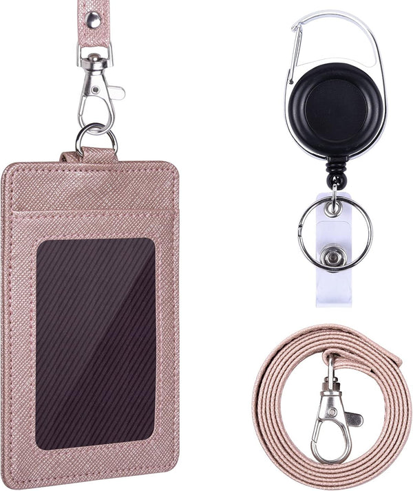 Wisdompro Retractable Badge Holder with Lanyard, Double Sided PU Leather ID Card Holder, Rose Gold