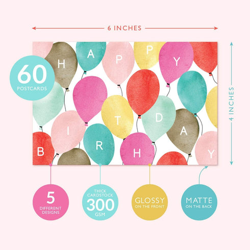 Sweetzer & Orange Happy Birthday Postcards Pack (60 Post Cards) 4x6” for Kids and Adults, Blank Birthday Decor Sheets
