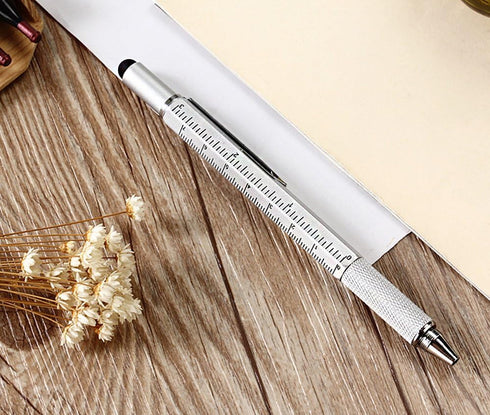 Multi-word 6 in 1 Multi Function Tool Ballpoint Pen, Ruler, Screwdriver, Touch-Screen Pen (3 PCS, Silver)