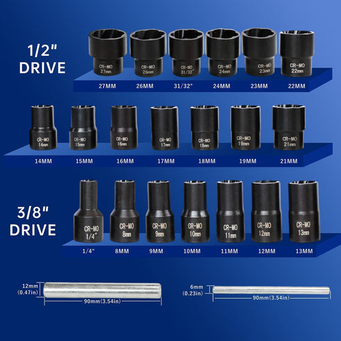 VEHIRETL 22pcs Set 8-27mm 1/2" 3/8" Frozen Set Bolt Nut Extractor Metric Impact Lug Removal Tool and Drive Wheel Lock