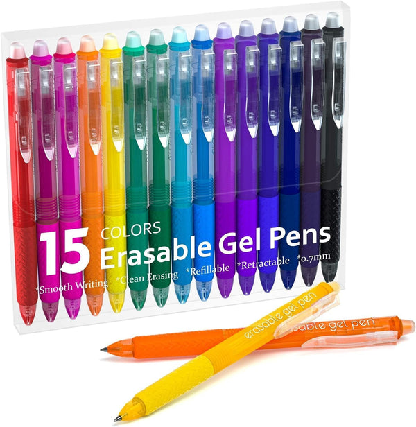 Erasable Gel Pens - 15 Colors Retractable Fine Point Pens for Drawing, Writing, and Crossword Puzzles
