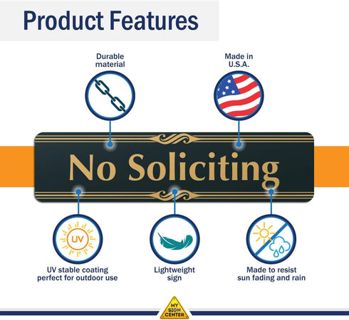 No Soliciting Sign, Black/Gold, Engraved, 2" x 8", Fade Resistant, Indoor/Outdoor Use, USA MADE