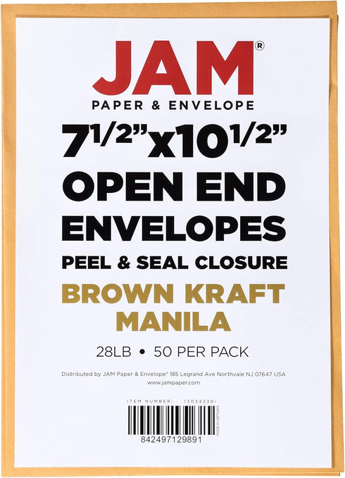 JAM PAPER 7 1/2 x 10 1/2 Open End Catalog Envelopes with Peel and Seal Closure, Brown Kraft Manila, 50/Pack