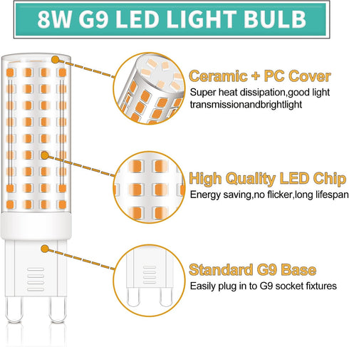 Dimmable G9 Bulb 60W 75W 80W T4 G9 Bulbs 8W 800LM 3000K Bulbs 5Pack ZHENMING LED Halogen Equivalent, Bi Pin Base Light