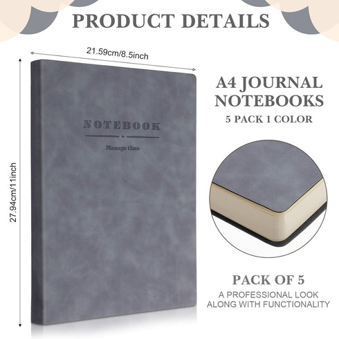 SATINIOR 5 Pack A4 Notebooks, Large Journal, 360 Pages, Leather Softcover, 8.5'' x 11'' (Gray)