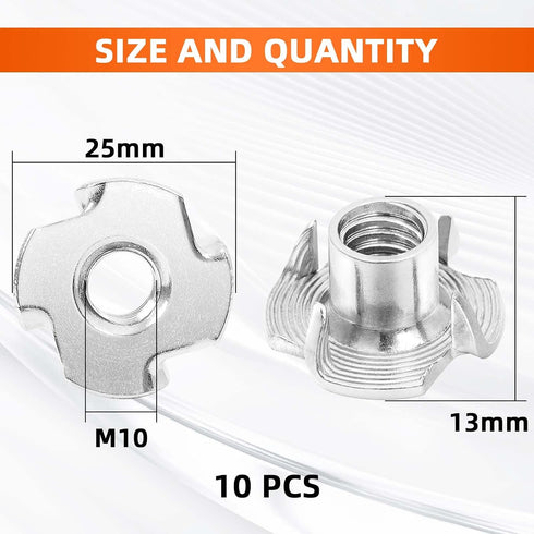 MewuDecor M10 12mm, 304 4-Pronged 10 T-Nut, Barrel Length Stainless Steel Threaded Insert, Tee Nut for Wood, Rock