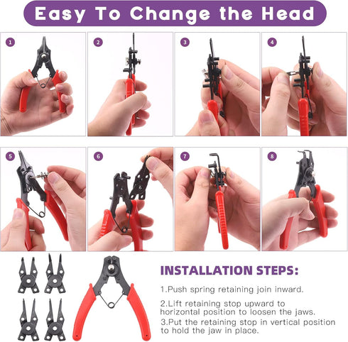 Swpeet 262Pcs 4 in 1 Snap Ring Pliers, 6 Sizes 4mm to 30mm, Alloy Steel External Retaining Rings Internal Circlip Kit