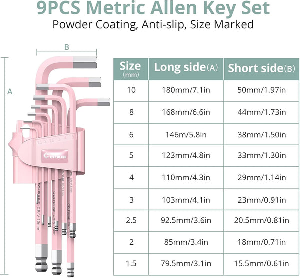 COLFULINE 9 PCS PINK Allen Key Set, Long Ball End Hex Key Set, Cr-V Allen Wrench Set for Women, Size 1.5-10mm with Colour-Coding for Best Gifts and Home Repair