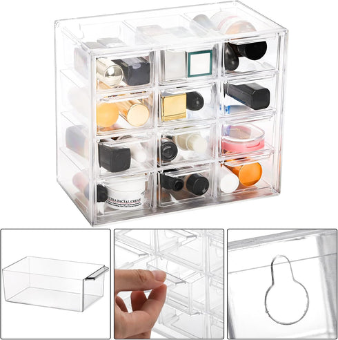 YOUEON 2 Pack Mini Desk Organizer, Clear Plastic Drawer Storage Box with 12 Removable Drawers for Crafts