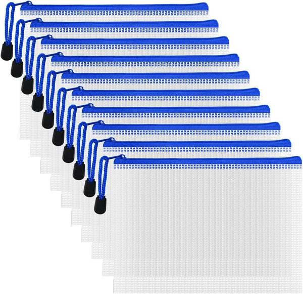 AUSTARK 10 Pcs Zipper File Bags, Waterproof Plastic Mesh Pouch for Office School, B6 Size 7.6''x5.3'', White and Blue