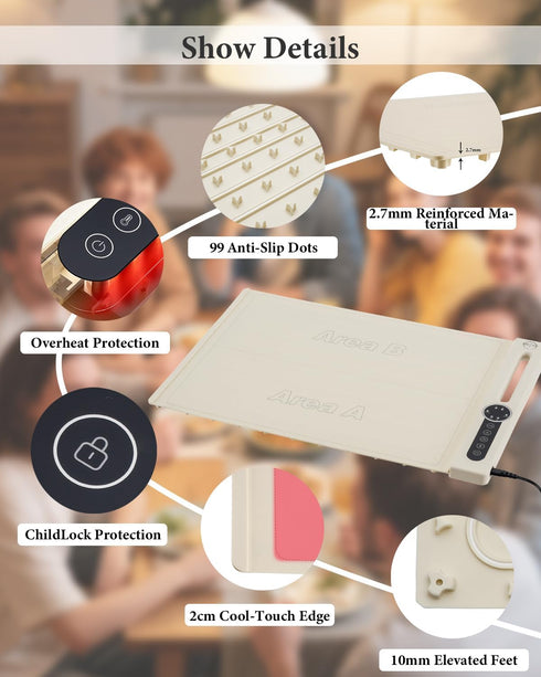 7 10s (Cream-2 KokoSelene Food Warming Mat, Dual-Zone Heating Mat for Food with Temp & Timer, Fast Heat Flexible