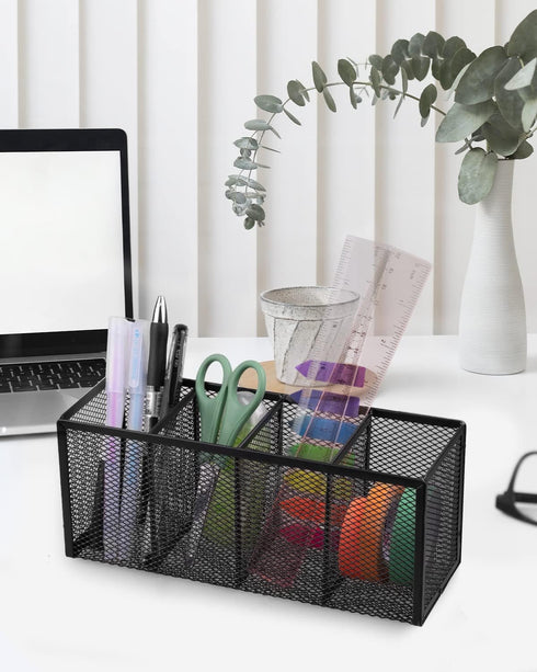 QYH Pencil Holder with 4 Compartments, Metal Mesh Storage Cup for Office Desk Accessories, Makeup Brushes