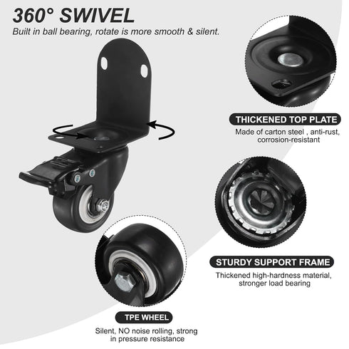 2" 2 PATIKIL Side Mount Casters with Brake Pcs L-Shaped Plate Swivel Wheel Bearing Rolling Caster for Furniture