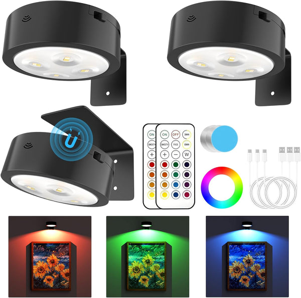 Narotood 3 Pack Picture Lights for Wall, 13 RGB Color Rechargeable Battery Operated