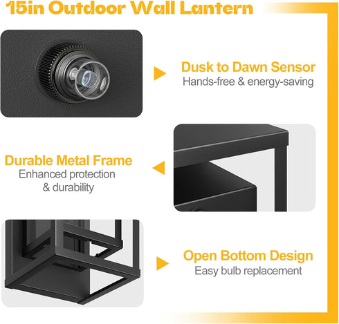 15in E26 Dusk to Dawn Outdoor Wall Sconce-Black Modern Exterior Lighting Fixture Waterproof Porch Lights Large Outside