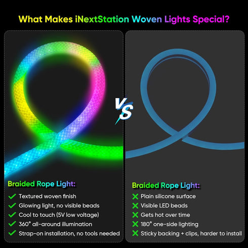 9.84FT/3M 360 IP67 iNextStation LED Strip Lights, Glow Braided Smart IC USB Rope Light, Neon Rope Light with Music